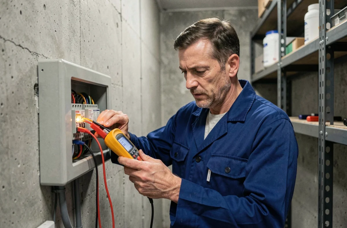 Électricien de 2C Relec diagnostiquant une panne sur un tableau de fusibles dans une cave utilitaire
