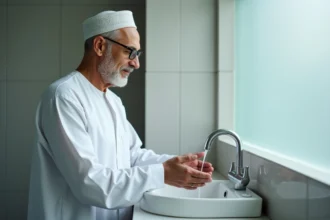 Homme en djellaba blanche effectuant les ablutions avant la prière dans une salle de bain à Roubaix