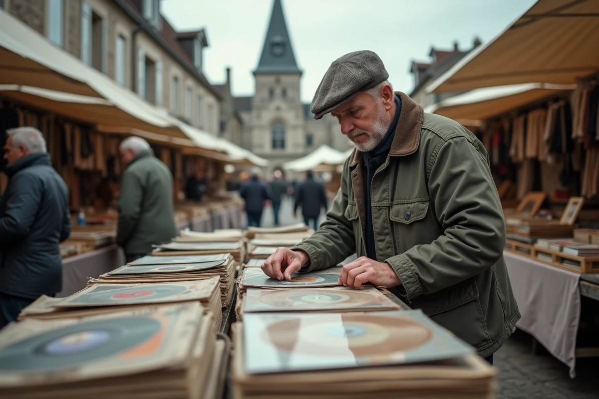 Homme fouillant des vinyles et livres anciens dans un vide-grenier du Pas-de-Calais