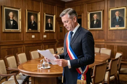 Adjoint au maire en écharpe tricolore dans une salle de conseil municipal, examinant des documents officiels