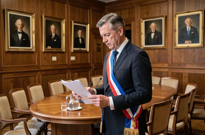 Adjoint au maire en écharpe tricolore dans une salle de conseil municipal, examinant des documents officiels