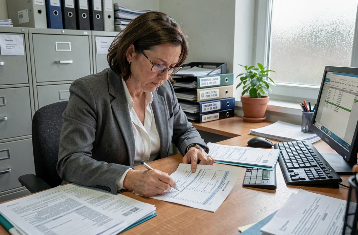 Une adjointe au maire en bureau municipal examinant une grille de rémunération administrative