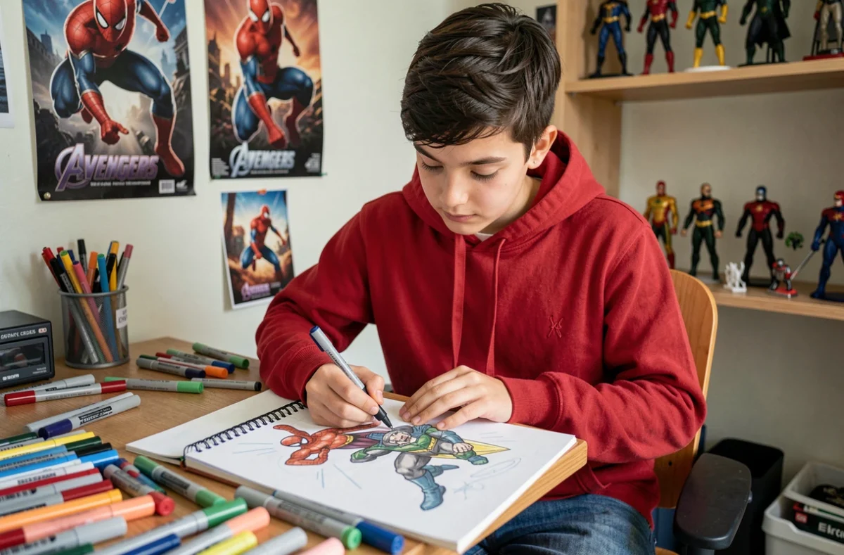 Adolescent dessinant des super-héros Marvel dans sa chambre décorée d'affiches Spider-Man et Avengers, symbolisant la nouvelle génération de fans de comics