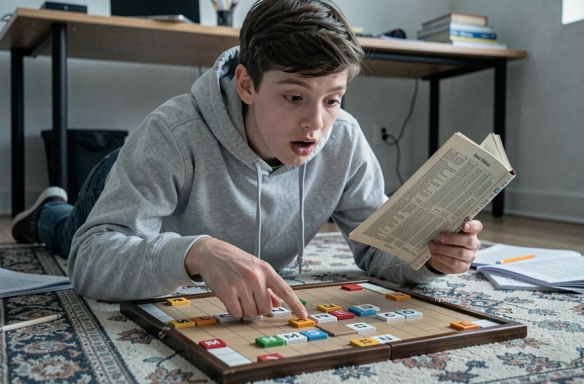 Adolescent consultant le dictionnaire Scrabble pour vérifier la validité du mot IN