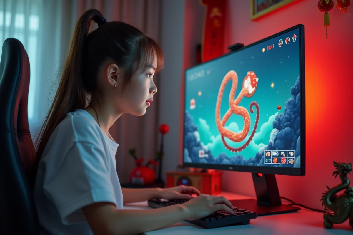 Adolescente jouant au jeu Google Doodle Année du Serpent sur un grand écran de bureau
