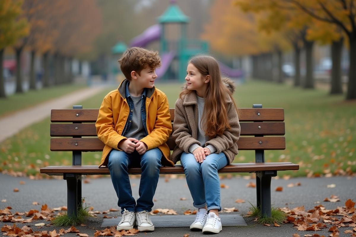 Adolescents assis sur un banc dans un parc en automne