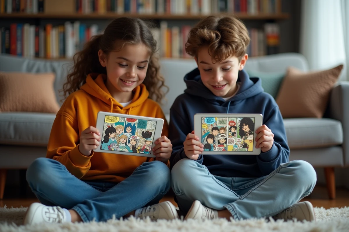 Adolescents regardant des scans de manga sur une tablette dans le salon