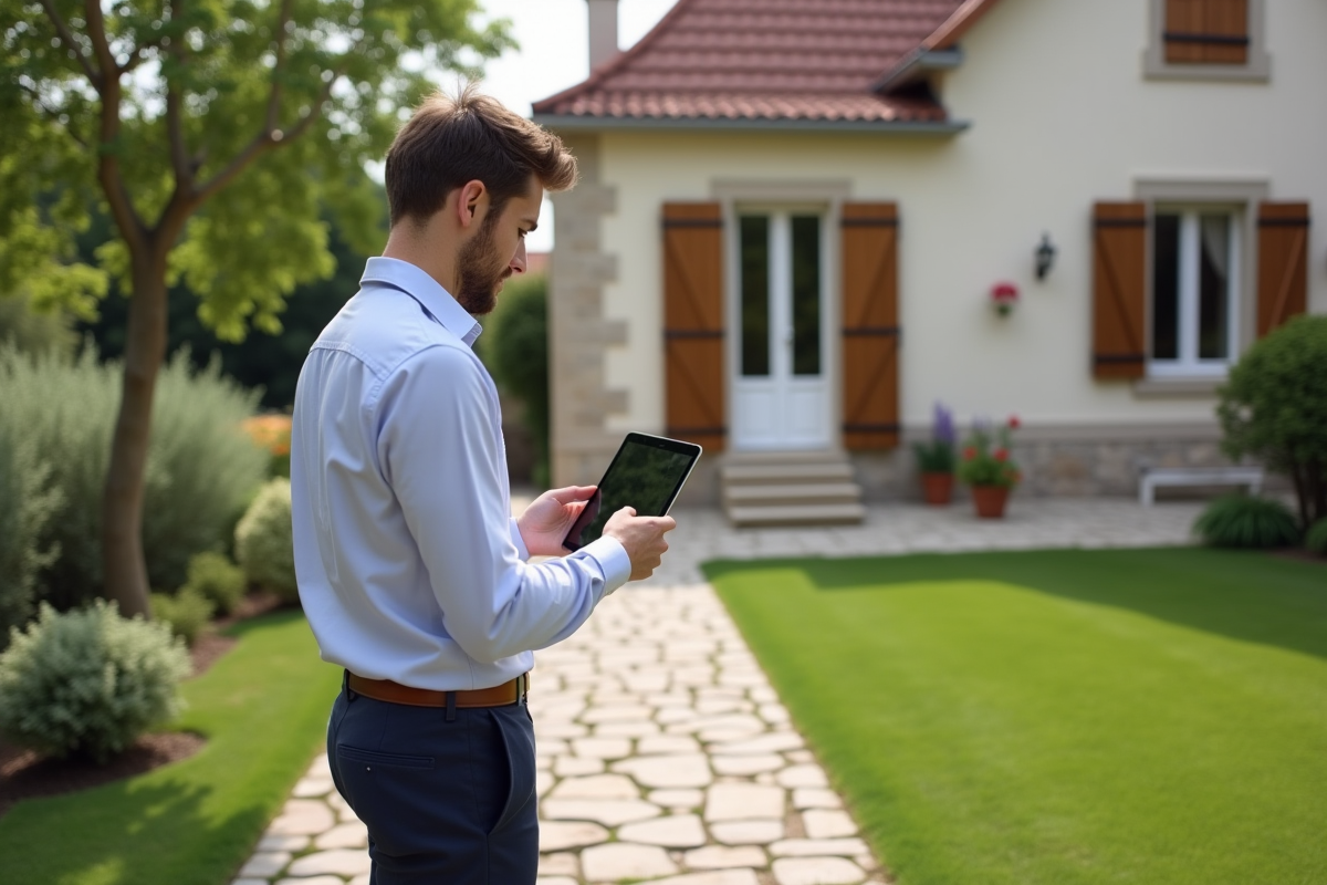 Jeune agent immobilier devant une maison en banlieue française