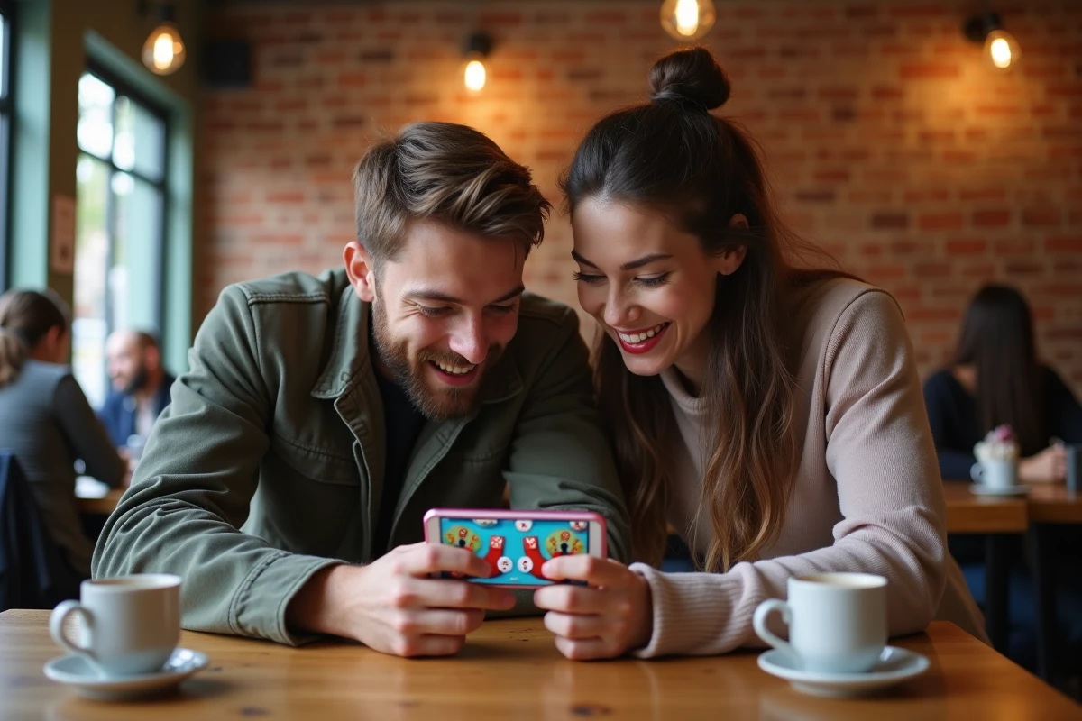 Deux amis dans un café regardant ensemble un lien de dés gratuits sur Monopoly Go