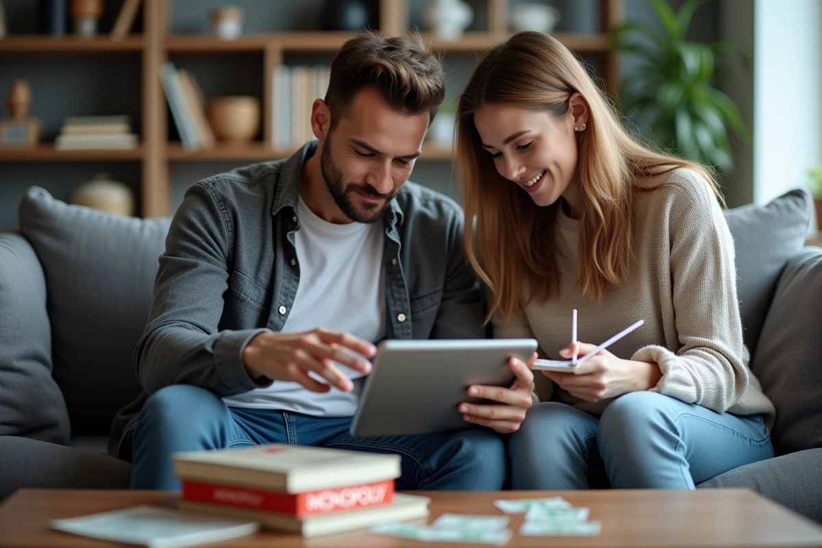 Deux amis consultant des conseils Monopoly Go sur une tablette posée près d'une boîte de jeu Monopoly, avec des billets et pions sur la table basse du salon