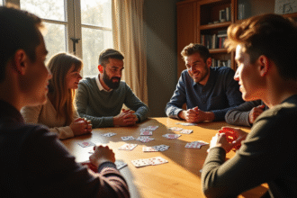 Amis jouant à President autour d'une table en bois