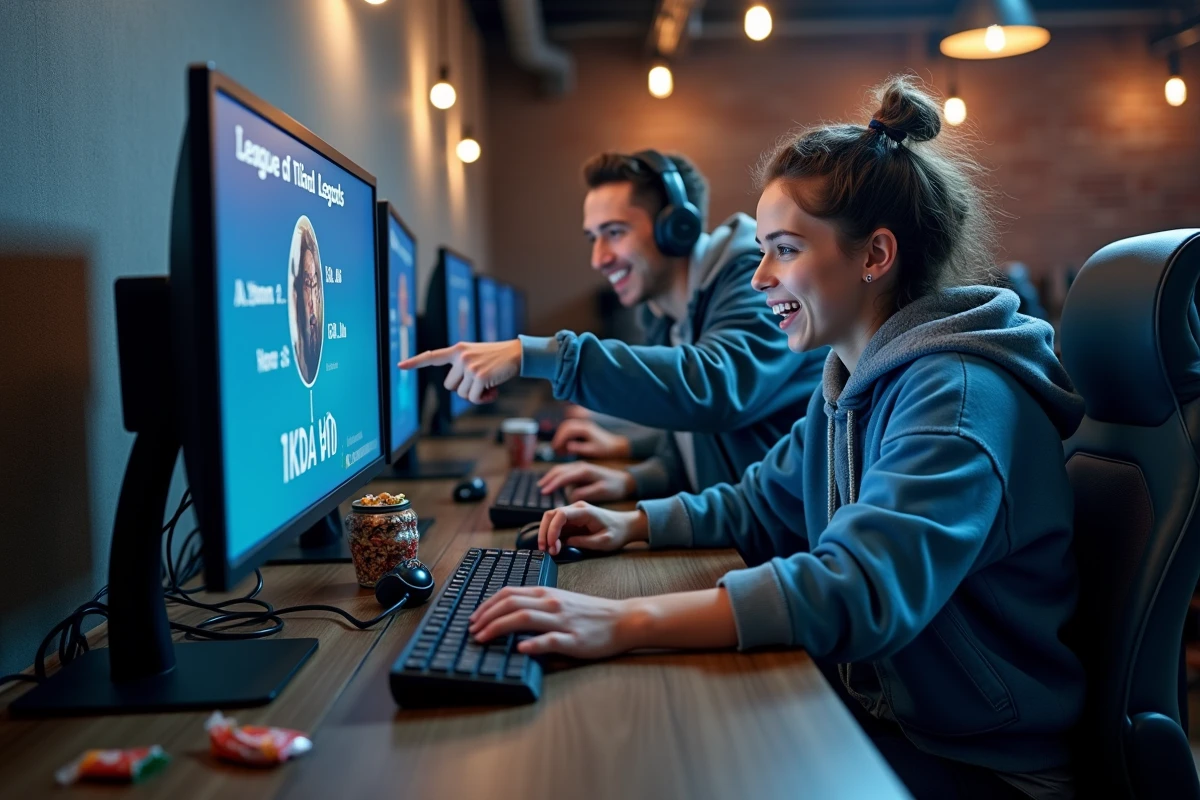 Deux amis joueurs de LoL dans un cybercafé réagissant devant un écran affichant un récapitulatif de parties et les heures totales jouées