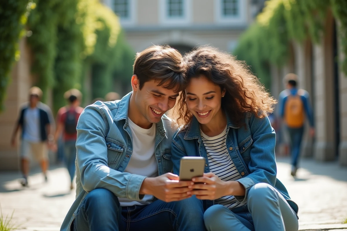 Deux amis étudiants lisant un manga en ligne ensemble sur smartphone dans une cour universitaire en plein air