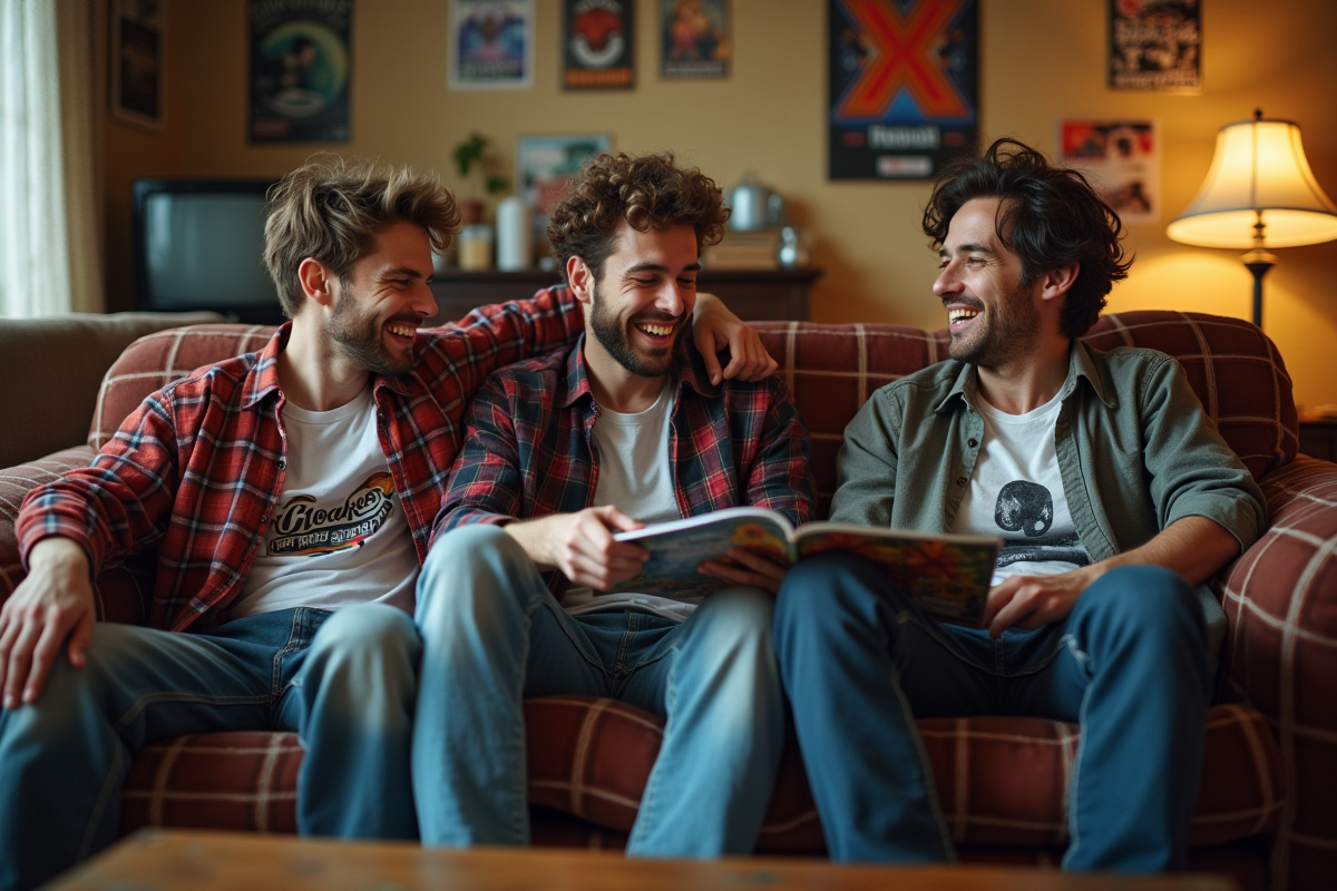 Trois amis dans un salon vintage des années 90