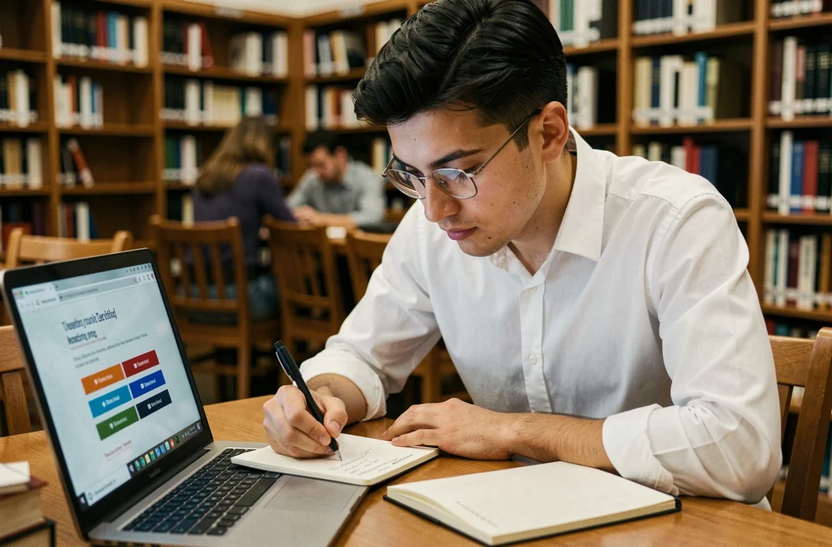 Jeune homme analysant la fiabilité d'un site de téléchargement depuis une bibliothèque publique