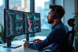 Analyste de données au bureau lumineux avec écrans R