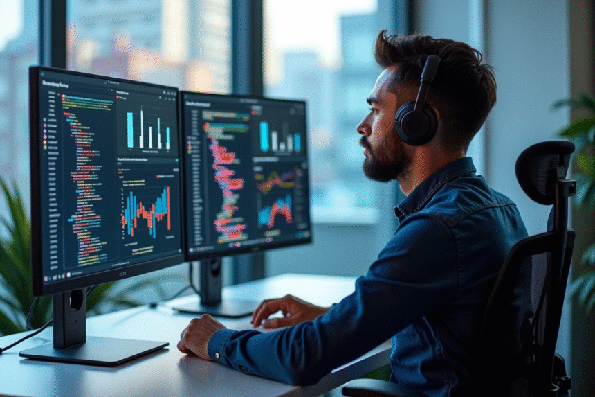 Analyste de données au bureau lumineux avec écrans R
