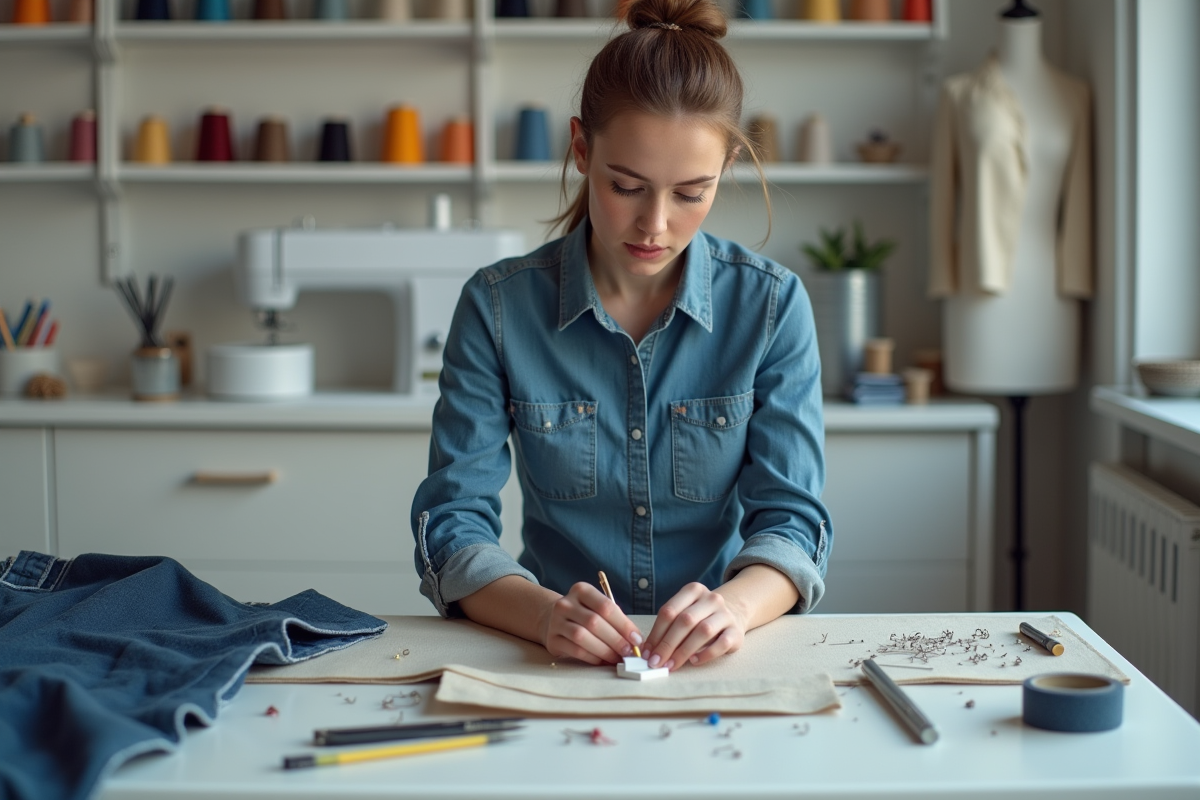 Jeune apprentie organisant ses outils de couture dans un studio moderne