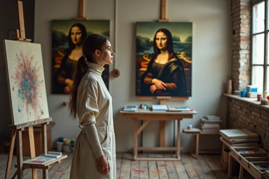 Jeune artiste contemporaine comparant son œuvre abstraite à une reproduction de la Joconde dans un atelier urbain