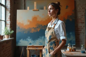 Artiste peintre devant une toile abstraite aux couleurs terreuses dans son atelier, illustrant la définition de l'art abstrait