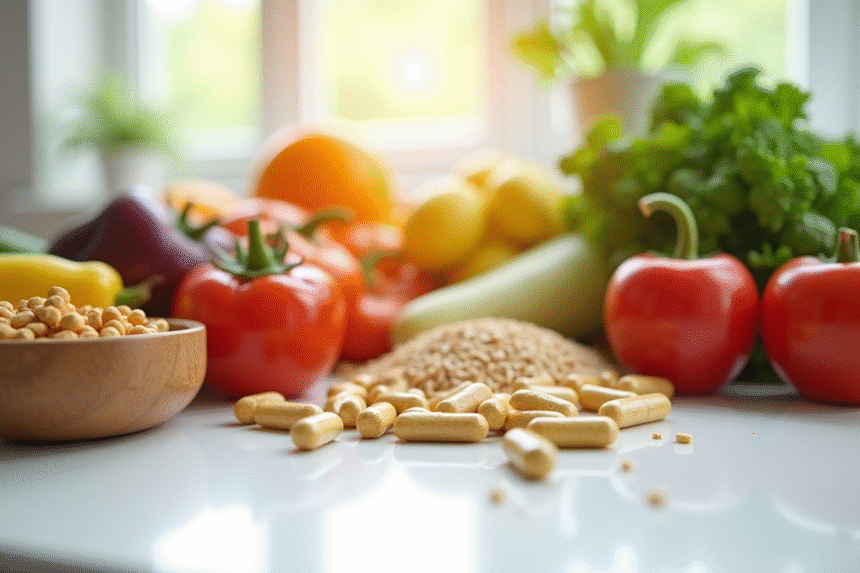 Assortiment de légumes frais et compléments vitamine B