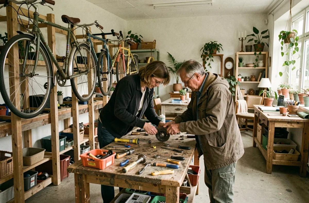 Bénévoles d'un atelier d'auto-réparation vélo en ressourcerie travaillant ensemble sur un boîtier de pédalier dans un espace de réparation participatif