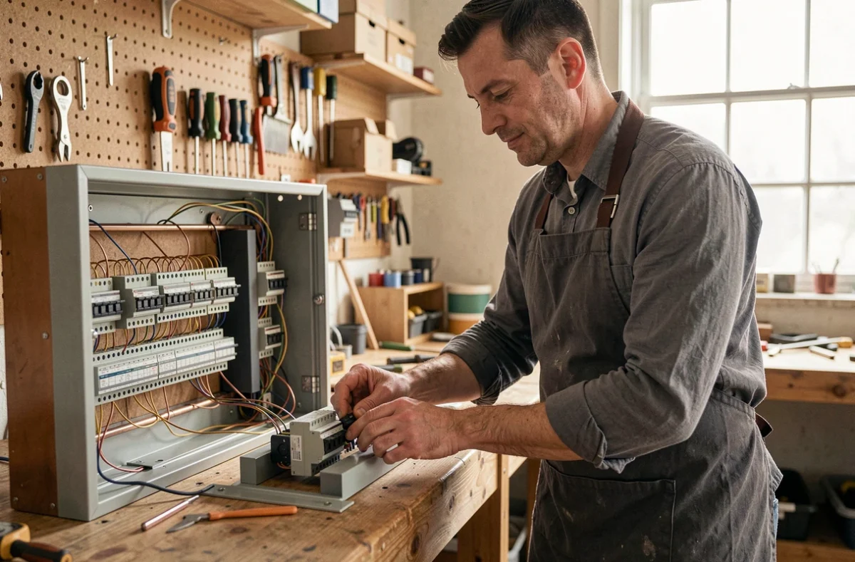 Artisan de l'Atelier Corbier assemblant un tableau électrique sur mesure dans un atelier bien organisé