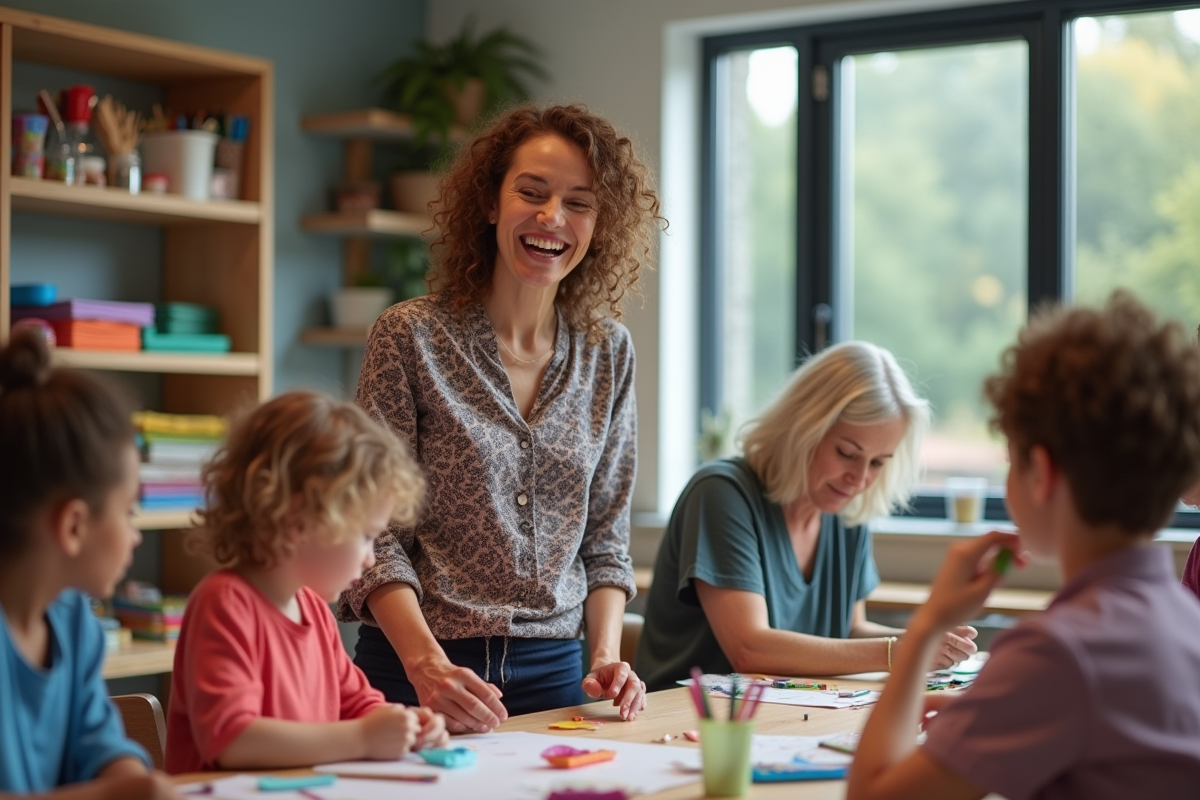 Femme animant un atelier créatif dans un centre communautaire
