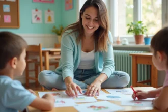 Enseignante en maternelle animant un atelier ludique avec des fiches illustrées sur une table colorée entourée d'enfants attentifs