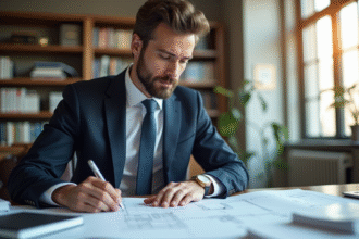 Avocat en costume dans un bureau moderne examinant des plans et le code civil