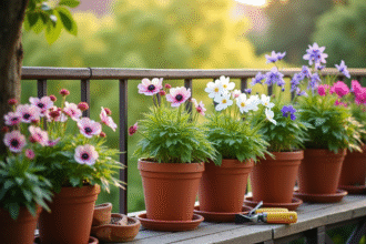 Balcon ensoleille avec pots de fleurs colorés et outils de jardinage