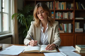 Femme lisant des articles sur la biographie de Juliette Plumecocq-Mech dans un bureau entouré de livres et de notes manuscrites