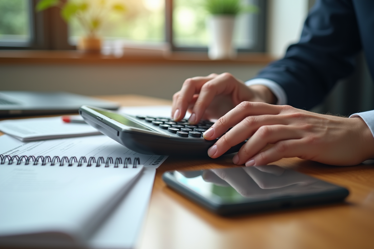 Mains utilisant une calculatrice avec documents et smartphone