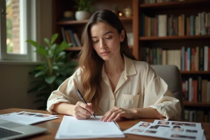 Jeune femme remplissant un formulaire de candidature pour un casting de figurant à son bureau à domicile