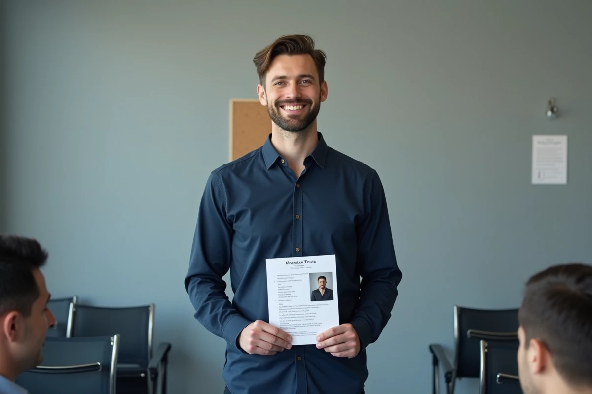 Homme tenant sa candidature de figurant dans la salle d'attente d'une agence de casting