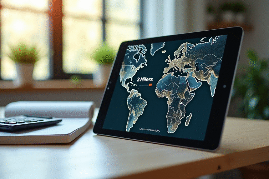 Carte digitale affichant la conversion miles en kilomètres sur un bureau lumineux