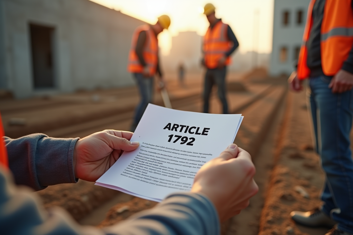 Travailleurs sur un chantier analysant un document Article 1792 en plein jour