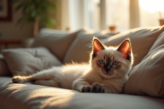 Chat siamois allongé sur un canapé ensoleillé