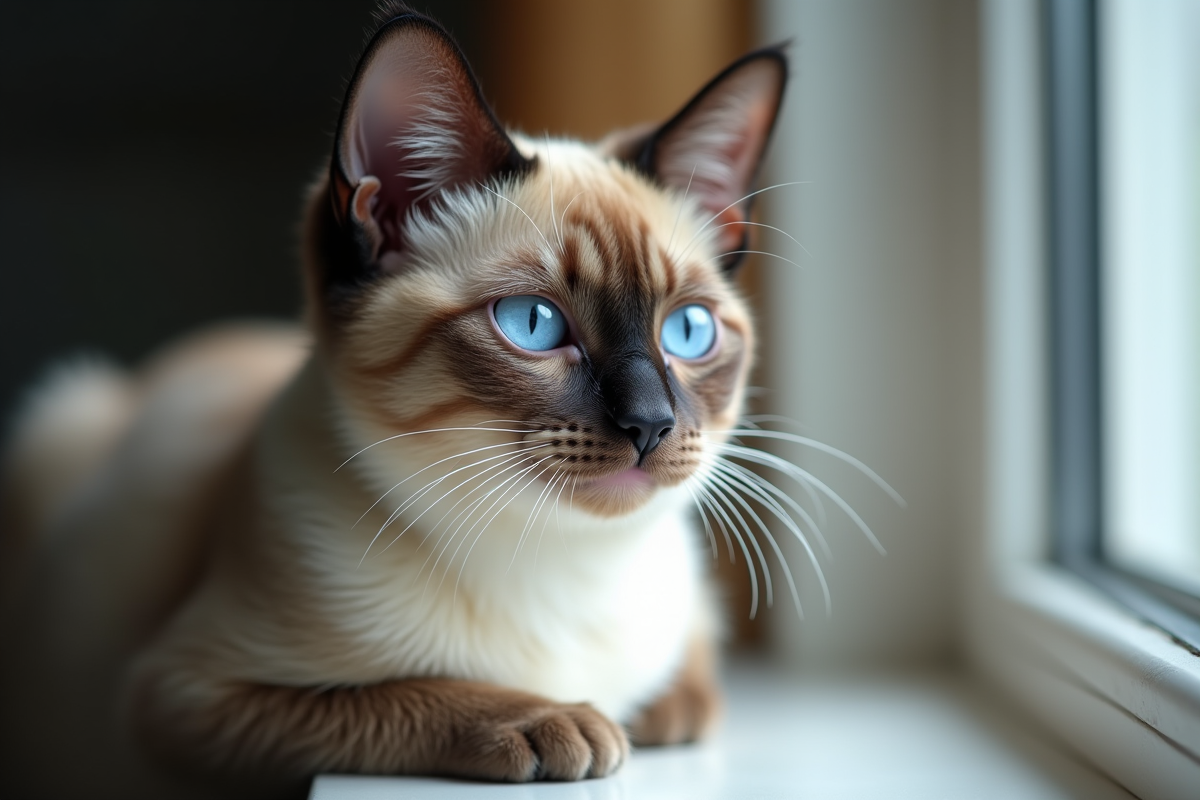 Chat siamois regardant par la fenêtre en gros plan