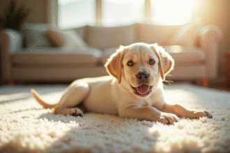 Chiot labrador joueur dans un salon ensoleille