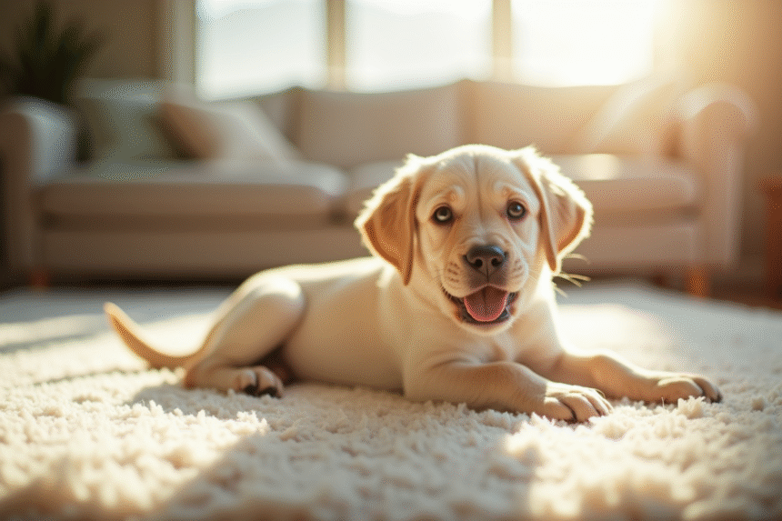 Chiot labrador joueur dans un salon ensoleille