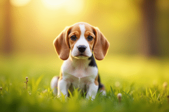 Chiot labrador jaune dans un champ ensoleille