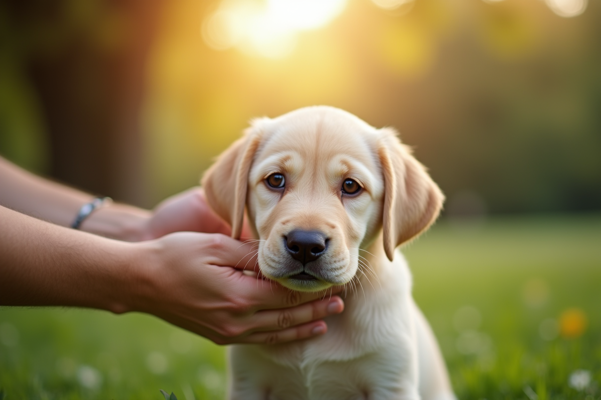 Chiot labrador caresse en plein air dans un parc vert