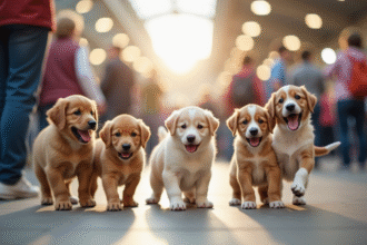 Groupe de chiots joueurs lors d'une expo animaux intérieure