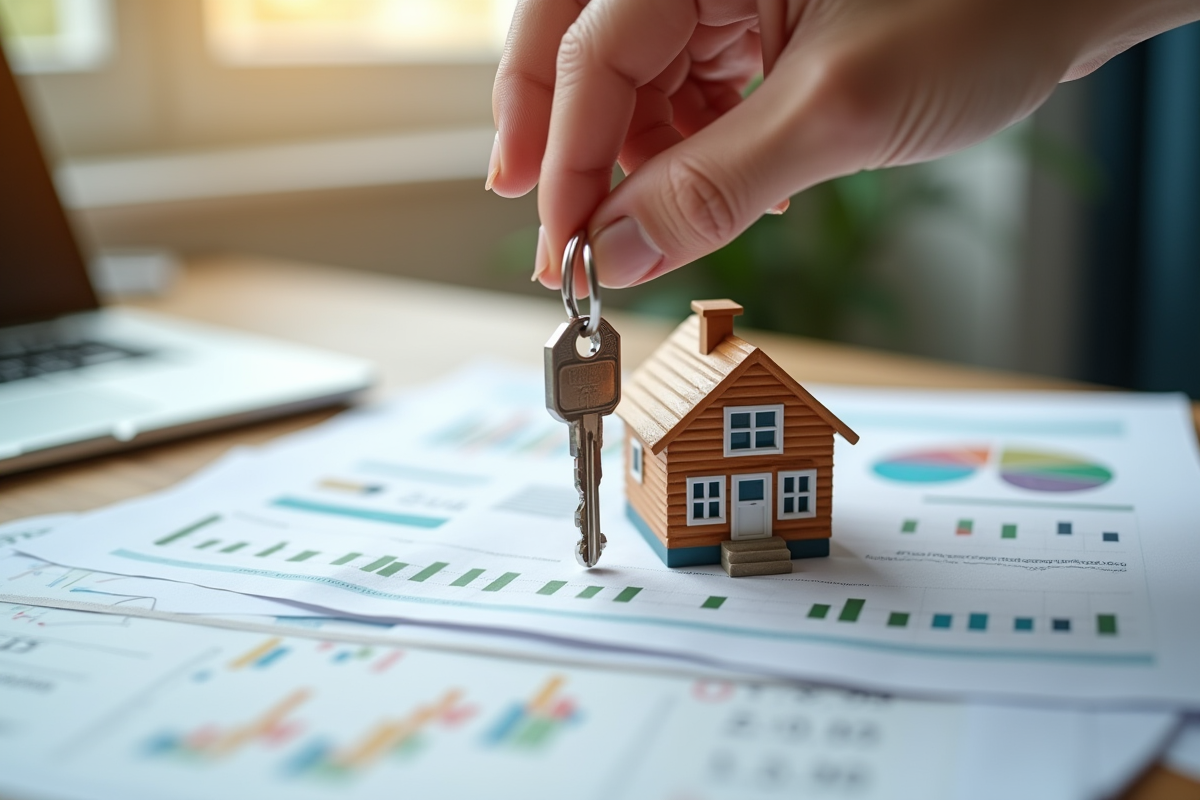 Clés sur modèle de maison avec contrats et graphique