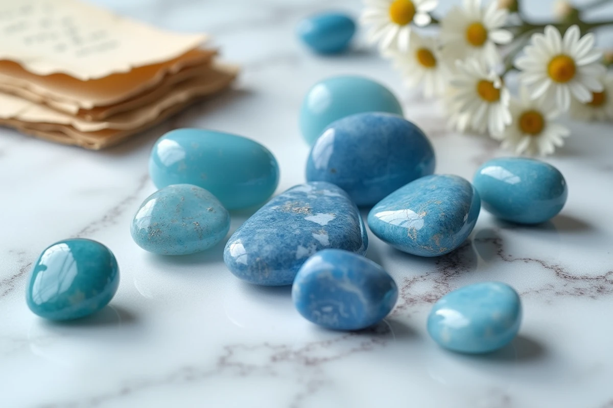 Collection de pierres bleues polies incluant aigue-marine, agate et sodalite disposées sur marbre blanc, symbolisant intuition et bien-être