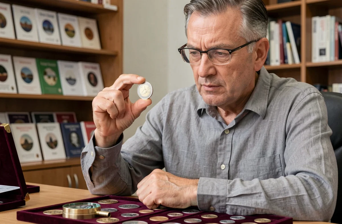 Collectionneur examinant une pièce de 2 euros JO 2026 Tour Eiffel avec une loupe dans un bureau numismatique