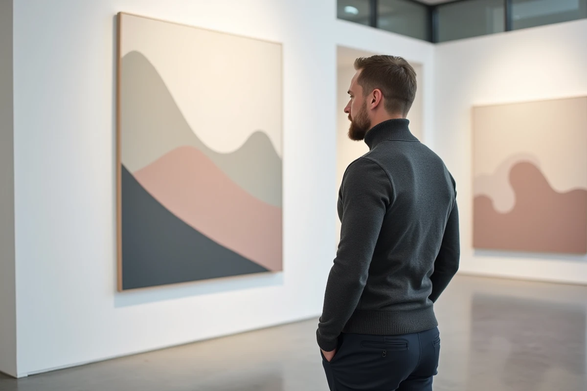 Commissaire d'exposition dans une galerie d'art contemporain face à une œuvre abstraite géométrique, représentant le monde de l'art abstrait