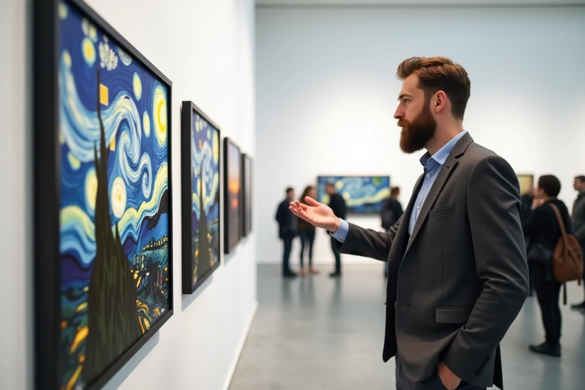 Conservateur de musée expliquant l'influence de Van Gogh sur l'art urbain contemporain dans une galerie moderne