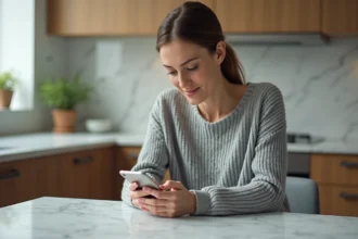 Femme consultant des avis consommateurs sur son smartphone dans une cuisine moderne en 2026